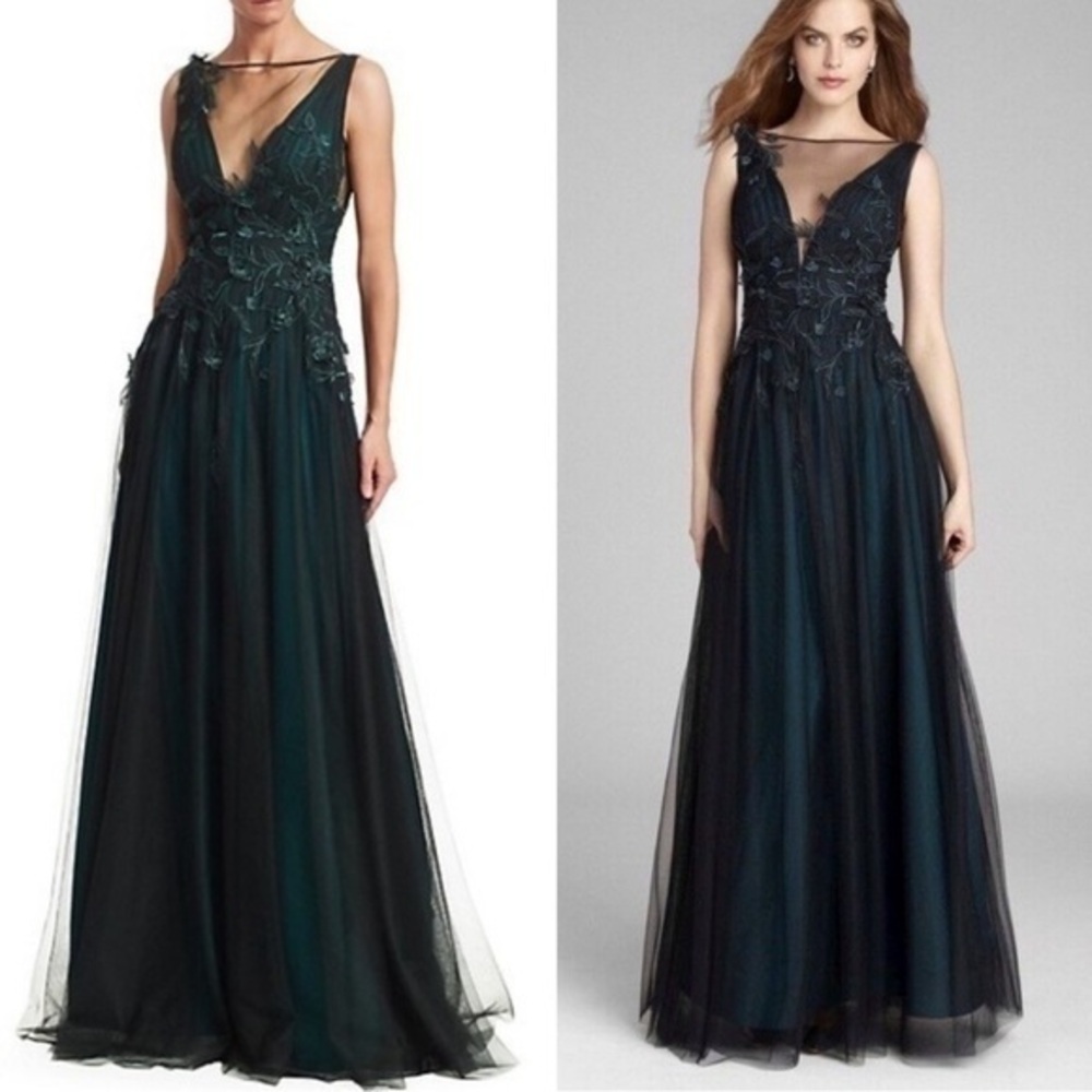 Rickie Freeman for Teri Jon / appliqué v-neck illusion Tulle maxi green Gown 4